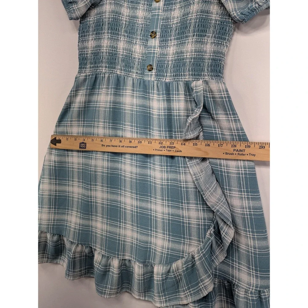 Wonder Nation Girls Plaid‎ Smocked Square Neck Ruffle Dress XL 14 16 Blue White